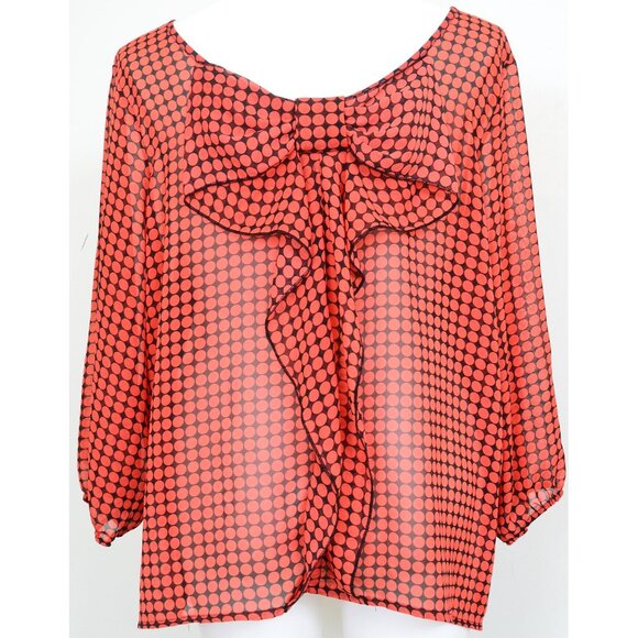 Bongo Plus 3X Red Black Dots Back Bow Sheer Blouse Office Travel Artsy Top - Picture 3 of 10